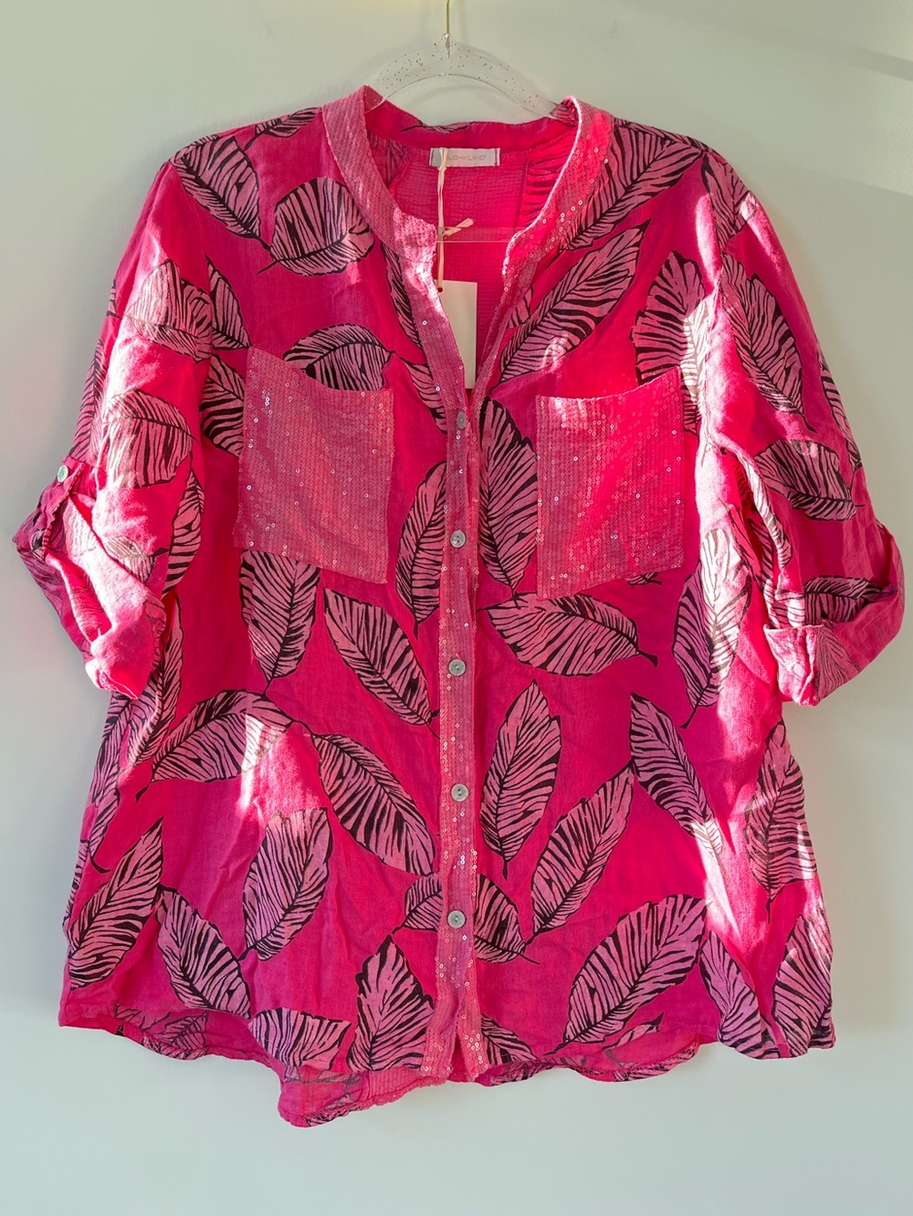 Milio Milan Linen Pink Palm
Leaf-Print Sequin Tunic Blouse
Size L NWT